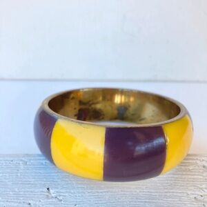 Vintage Chunky Purple & Yellow Enamel Brass Bangle Bracelet — Bold Color Block